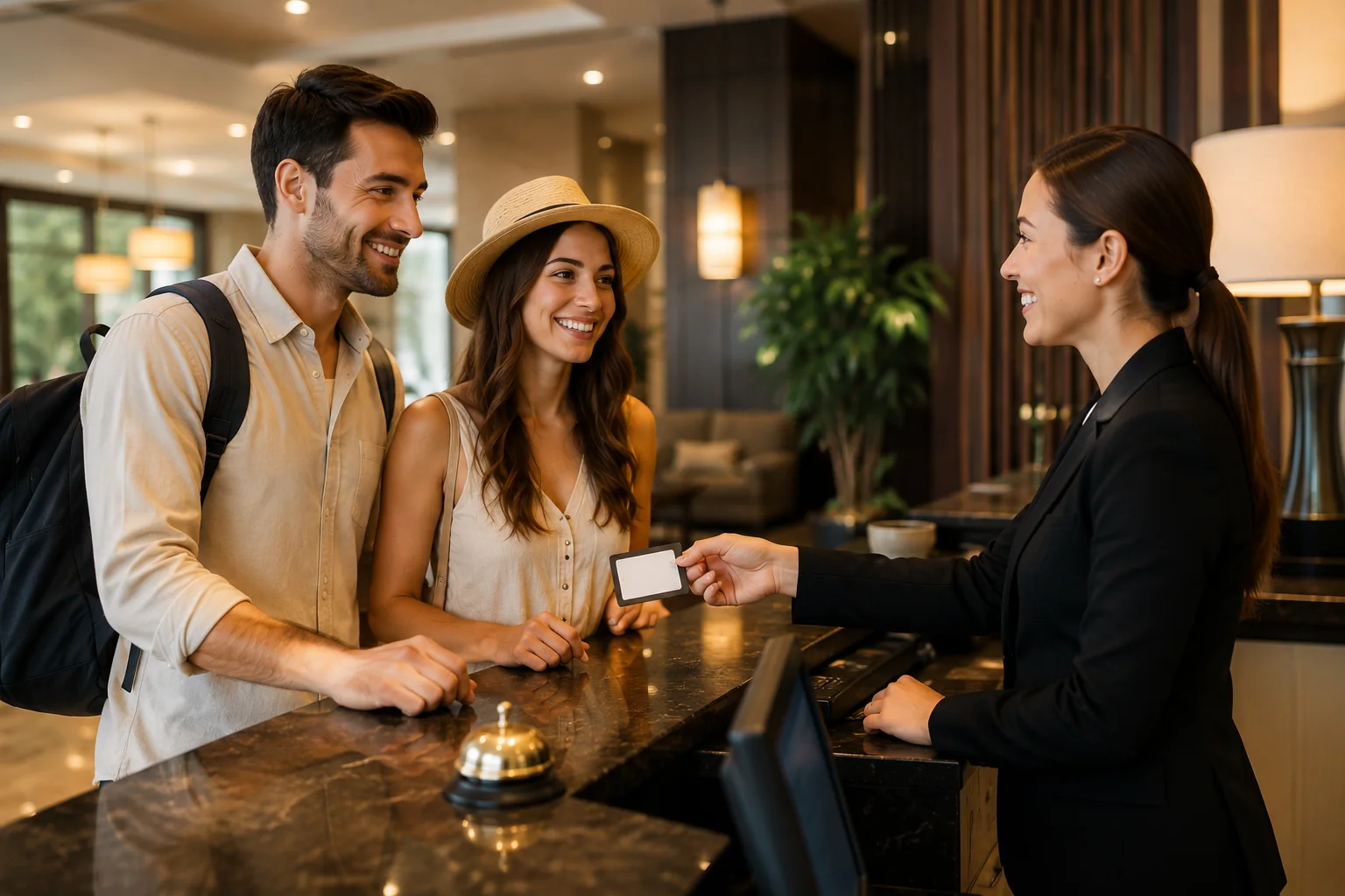 A receptionist handing a card to two guests at a hotel counter