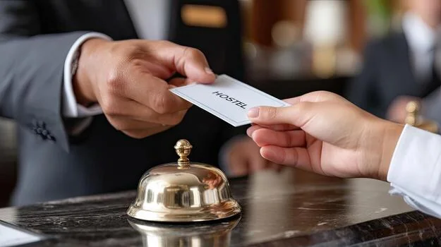 A card being handed over beside a brass bell on a counter