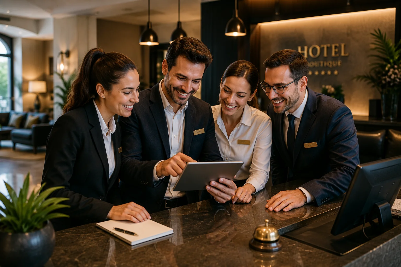 Four hotel employees looking at a tablet at the reception counter