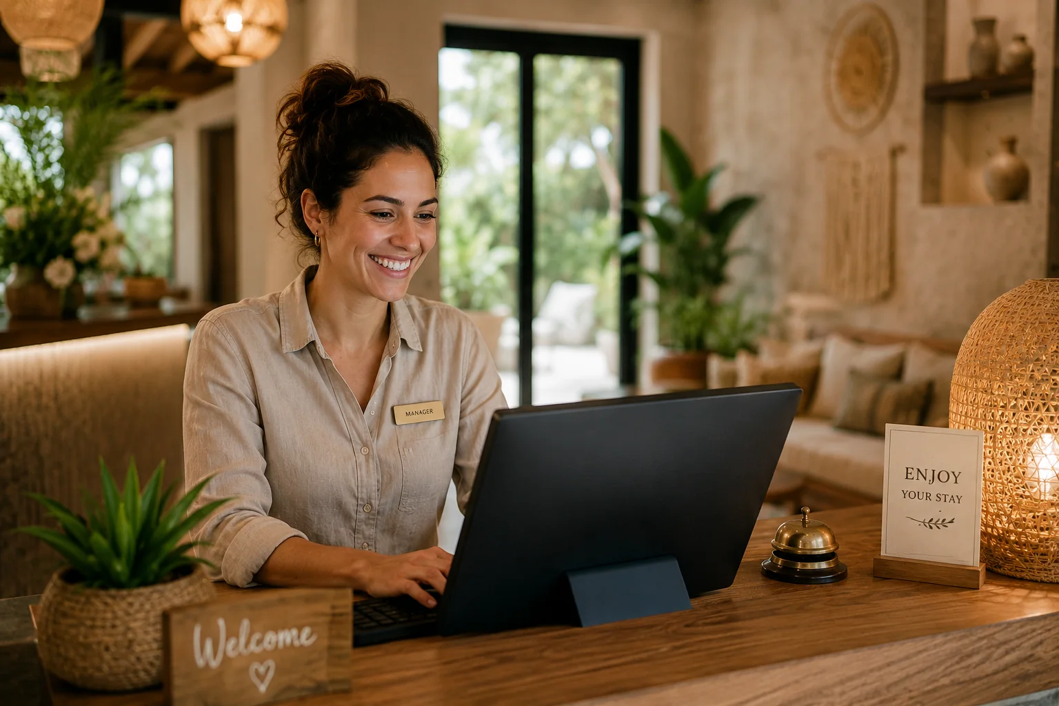 A manager working at a computer at a hotel reception desk