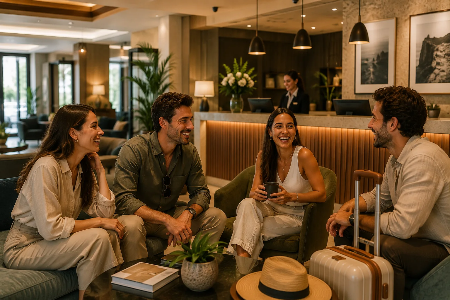 Four guests chatting while seated in a hotel lobby, with luggage beside them