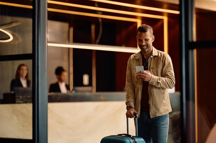 A man checking his phone beside his suitcase in a hotel lobby