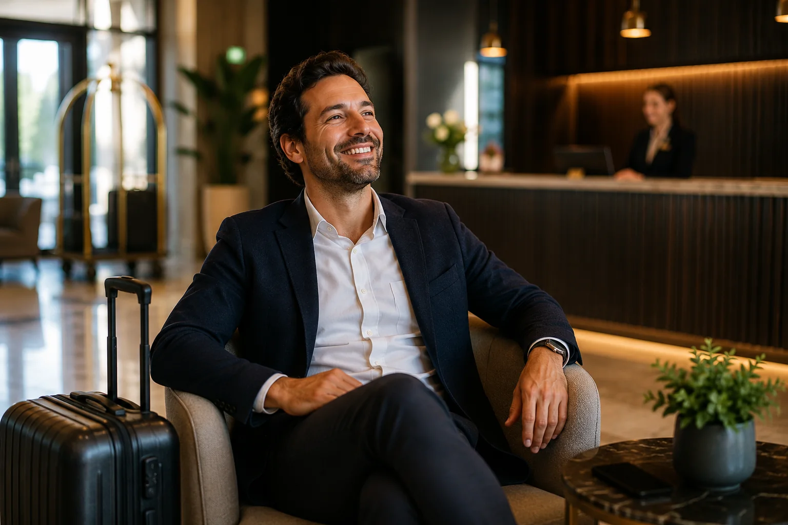 A guest seated in an armchair in a hotel lobby, with a suitcase beside him