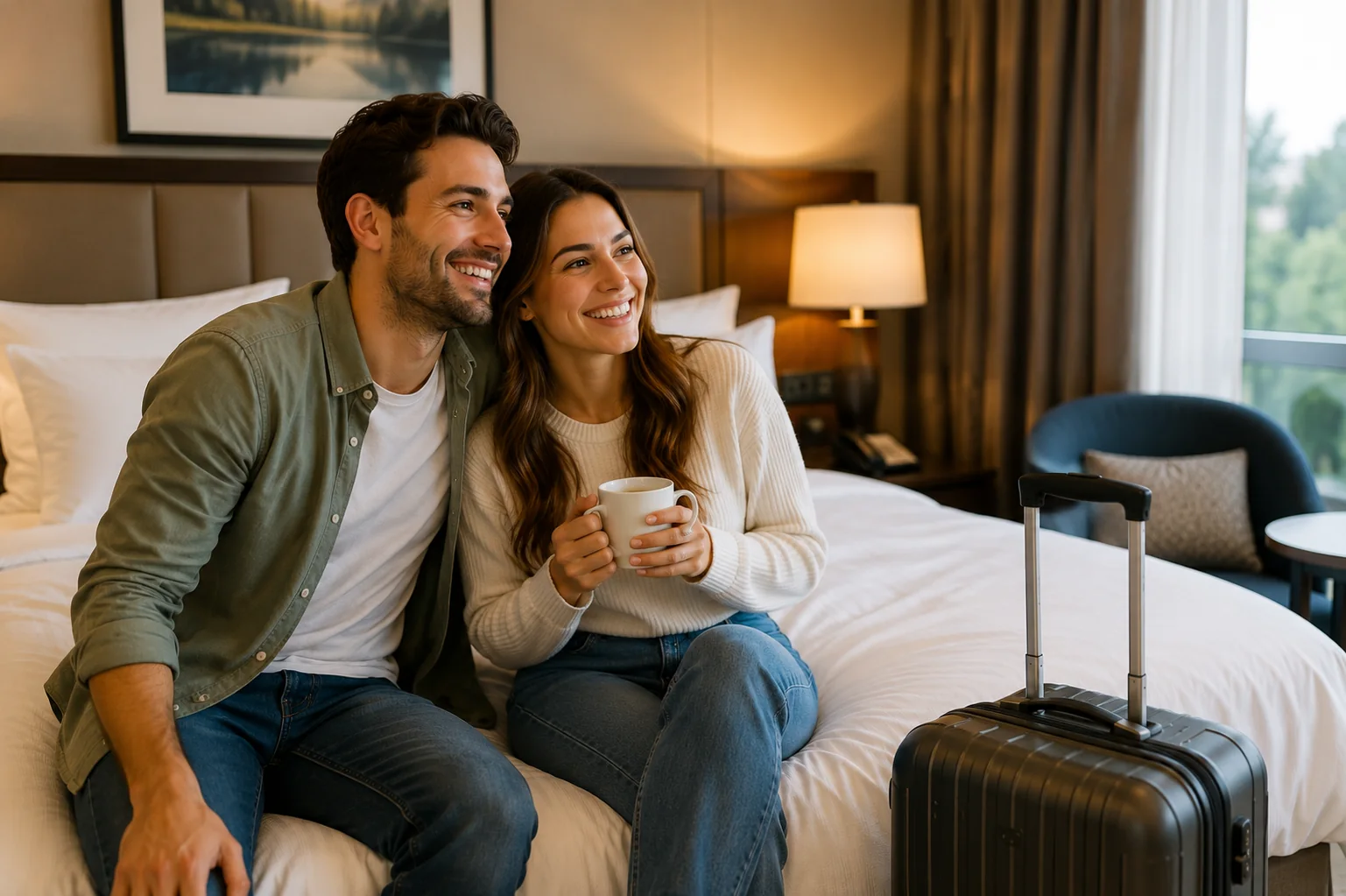 Pareja sentada en una cama de hotel, con una taza y una maleta al lado