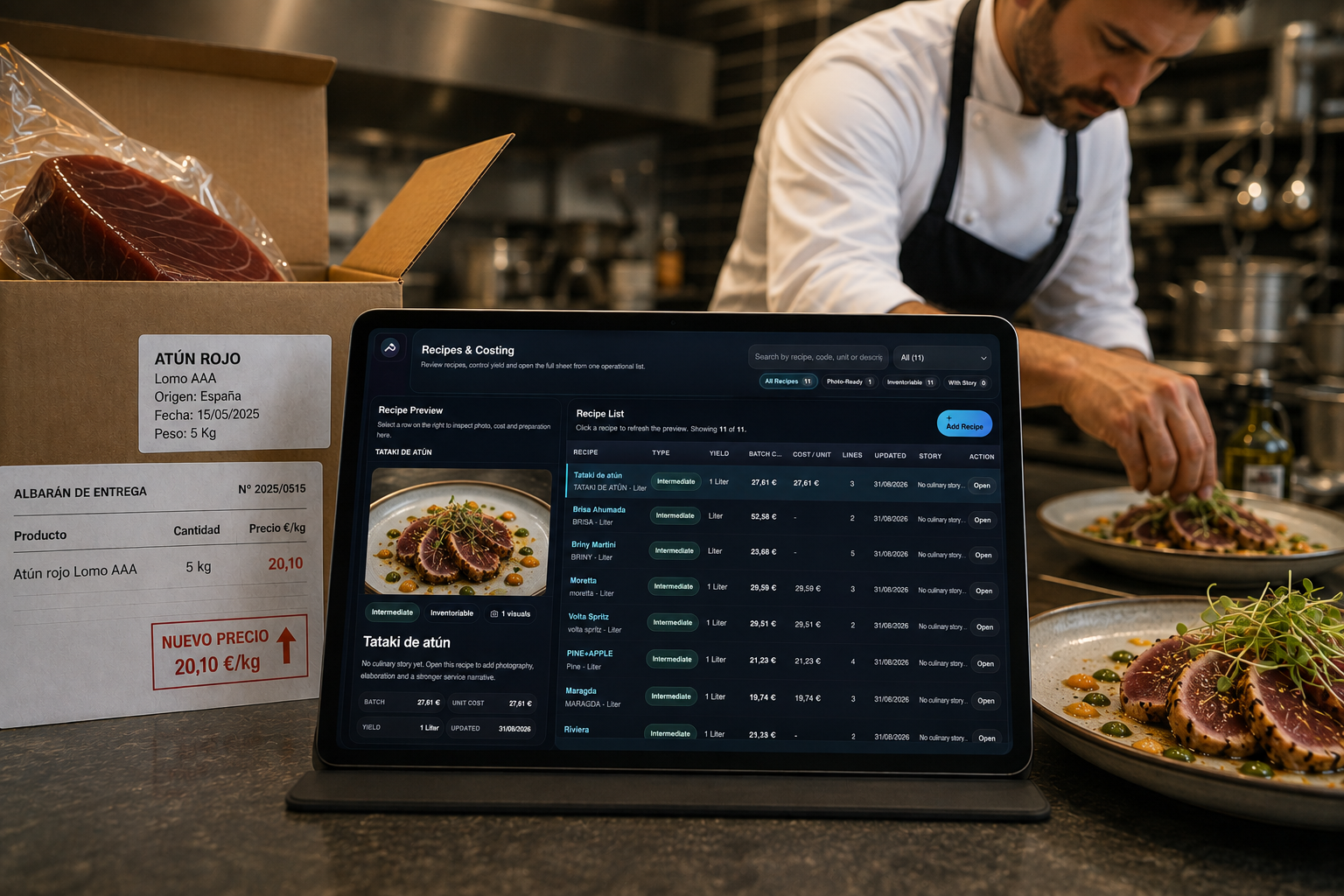 Actualización de recetas y costes en la gestión de un restaurante